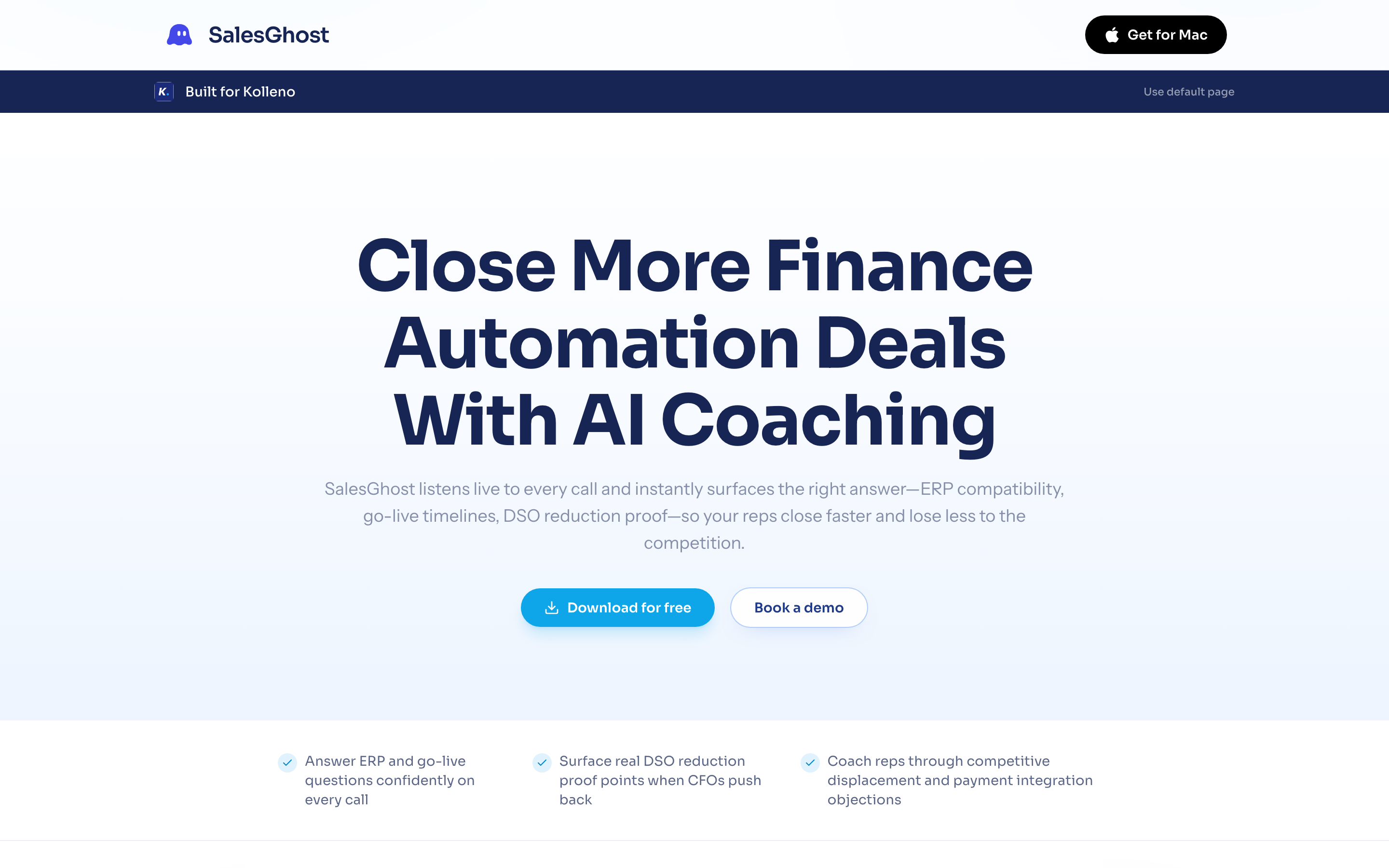 Personalized SalesGhost landing page built for Kolleno